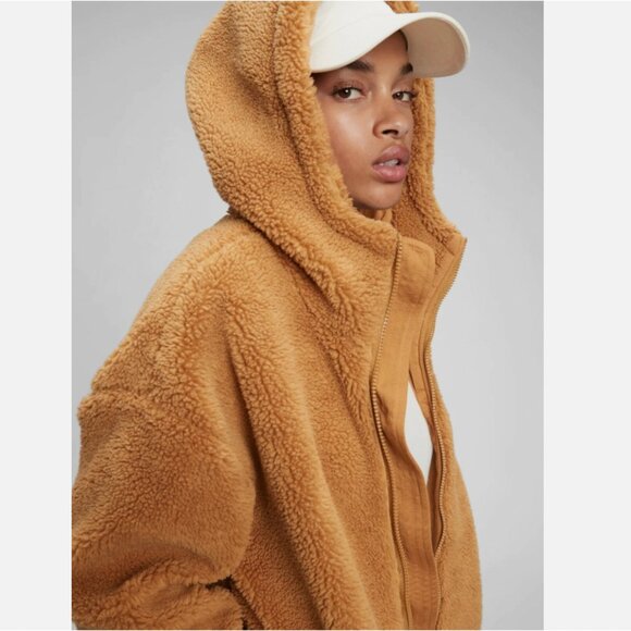 Gap Sherpa Plush Faux Fur Full Zip Hooded Jacket Size XL Brown Athleisure Teddy - Picture 3 of 14